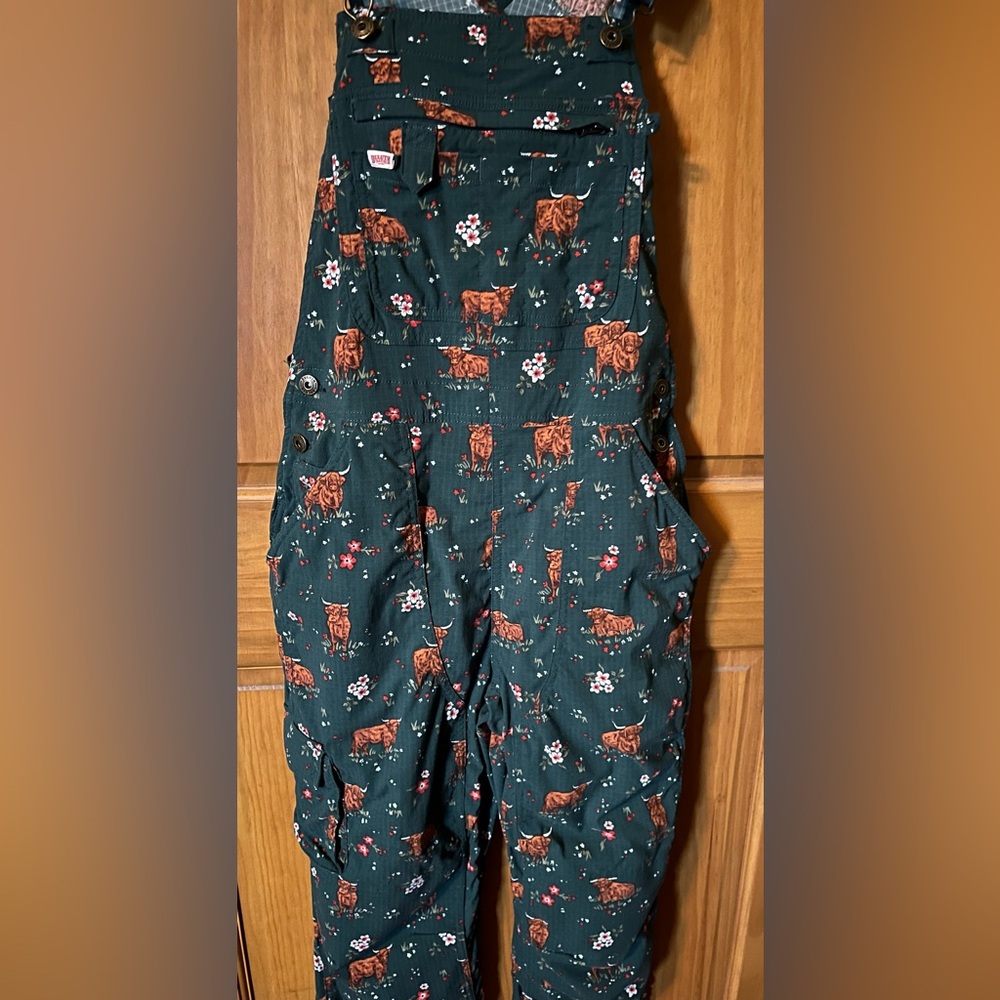Women’s Duluth Trading Co Heirloom gardening bib overalls Highland Cow sz small - Picture 7 of 11